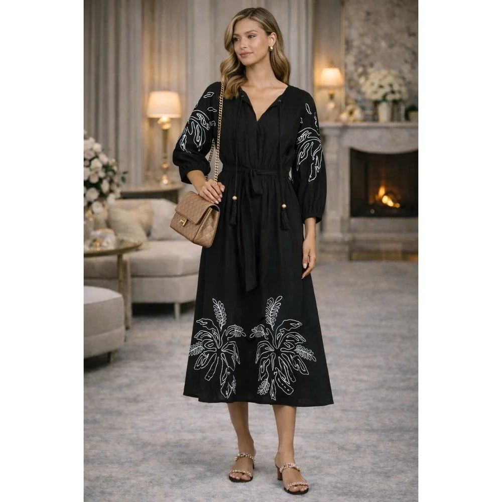 LEA NWOT Midi Dress LARGE Black LINEN Blend Floral Embroidered Tie Belt‎ Tassels